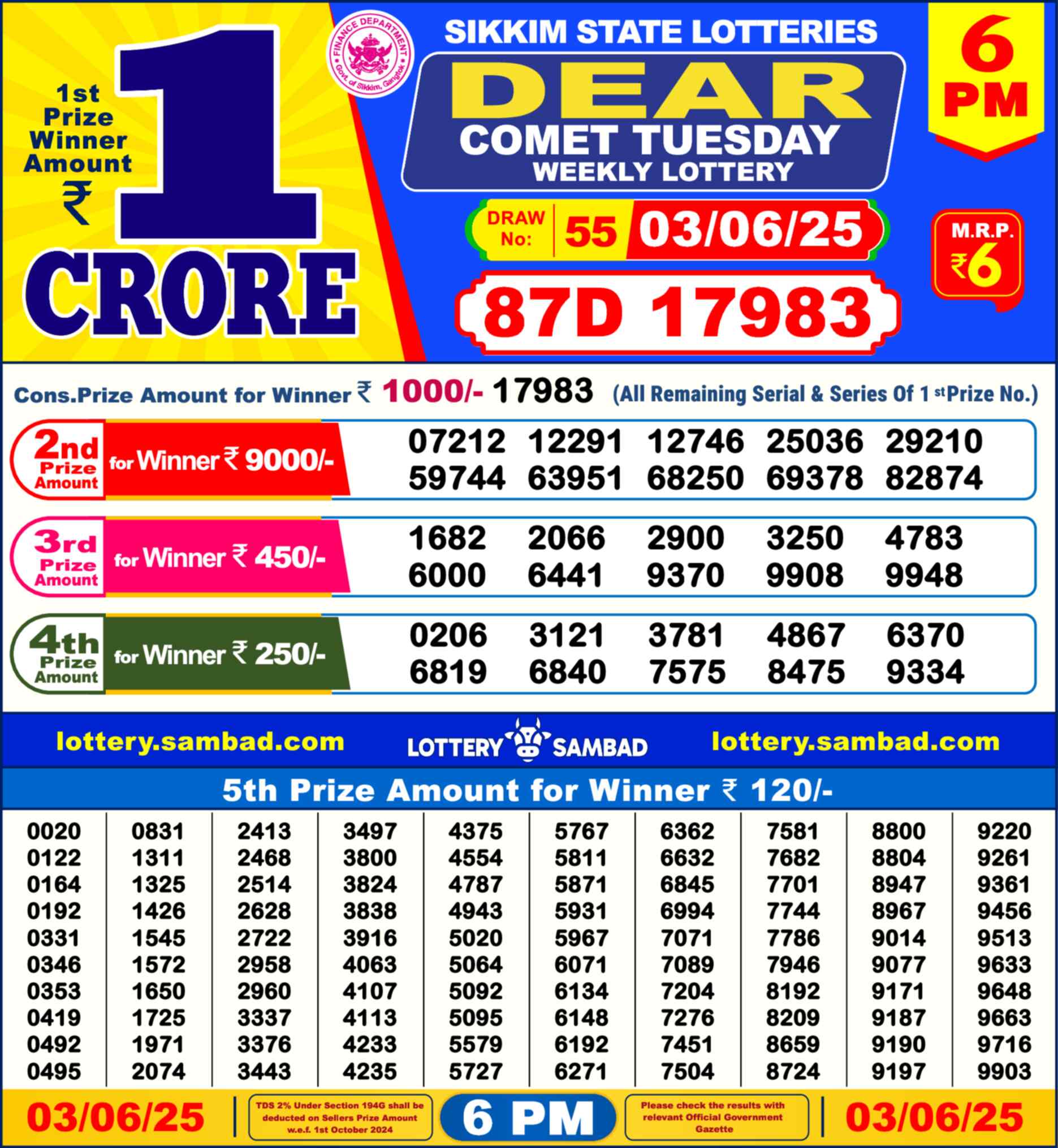 Lottery Sambad 03.06.25 Dear Lottery 6 PM June 03, 2025