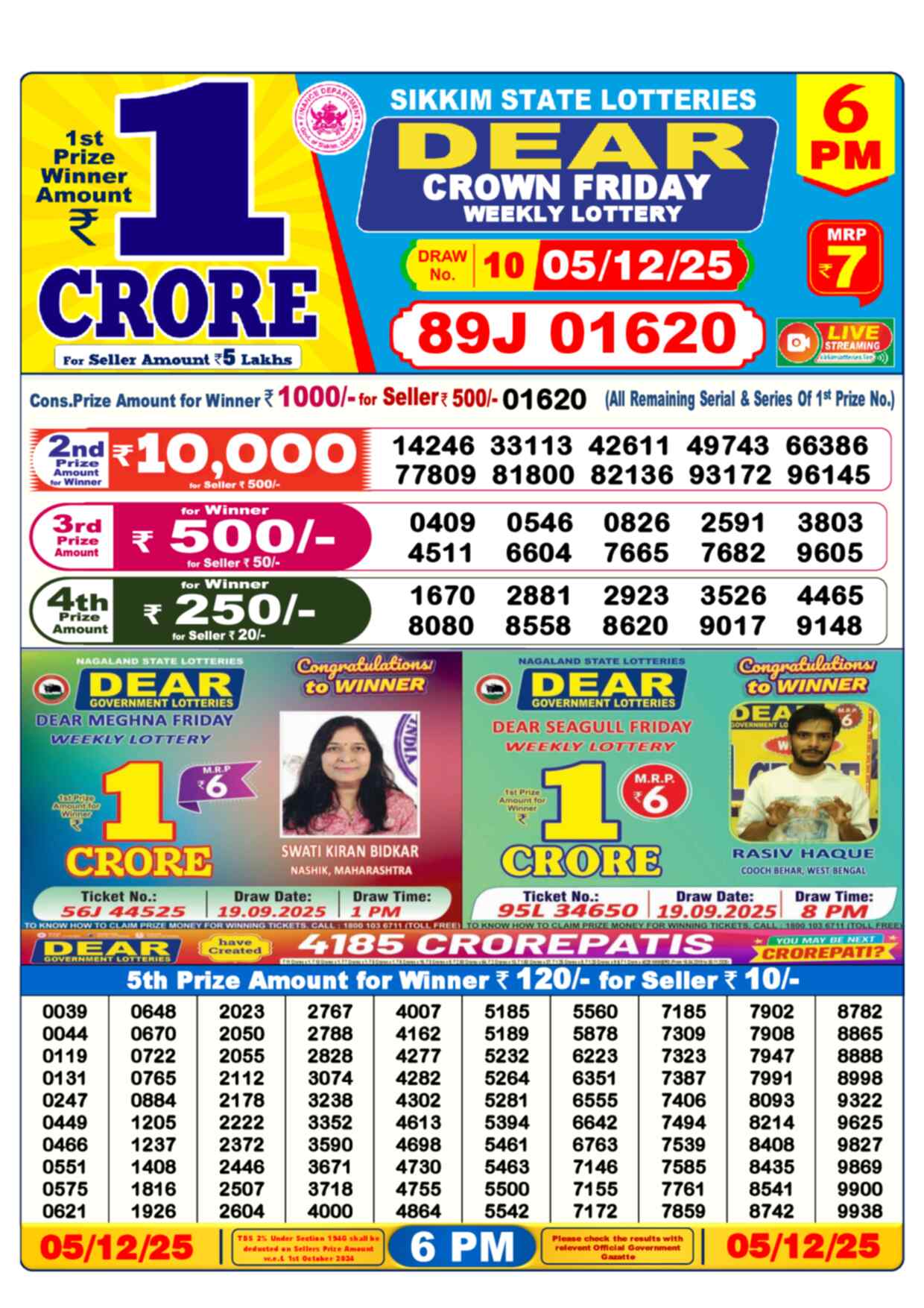 Lottery Sambad 05.12.25 Dear Lottery 6 PM December 05, 2025