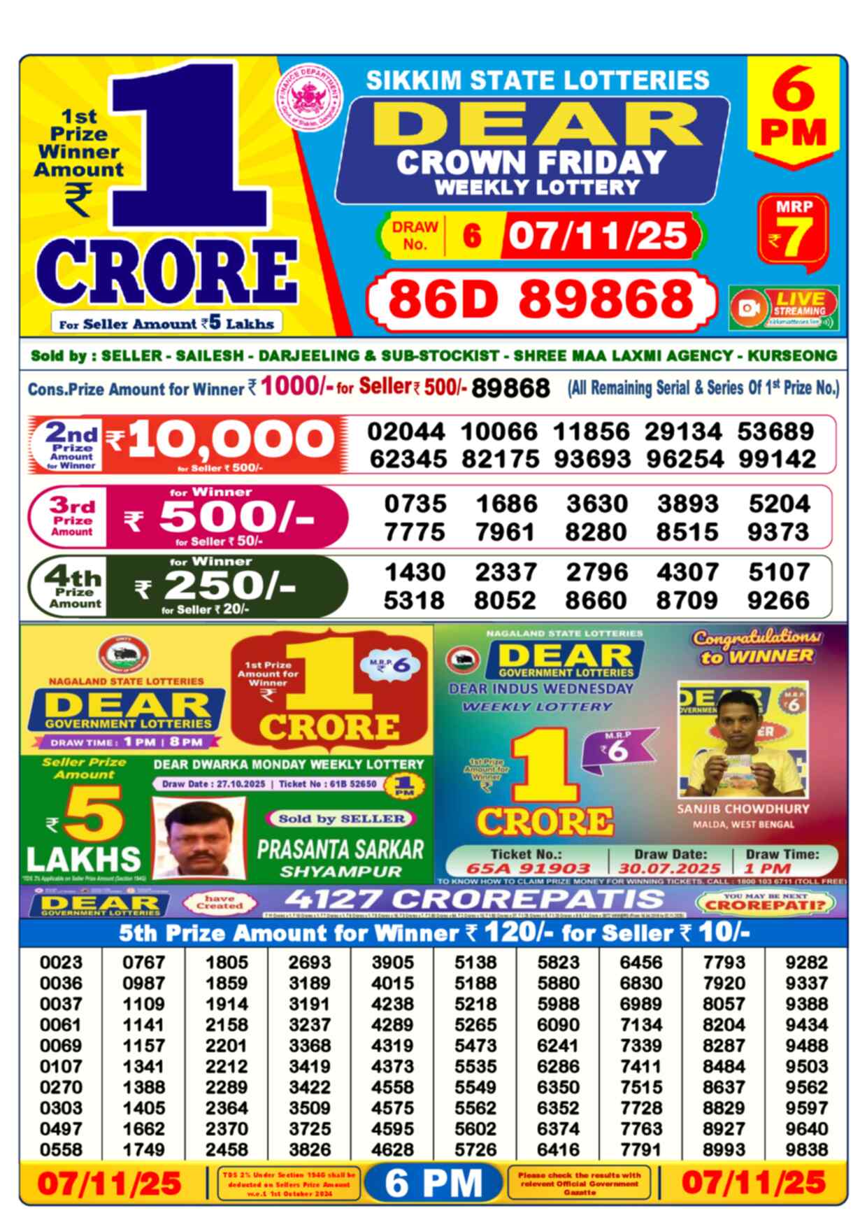 Lottery Sambad 07.11.25 Dear Lottery 6 PM November 07, 2025