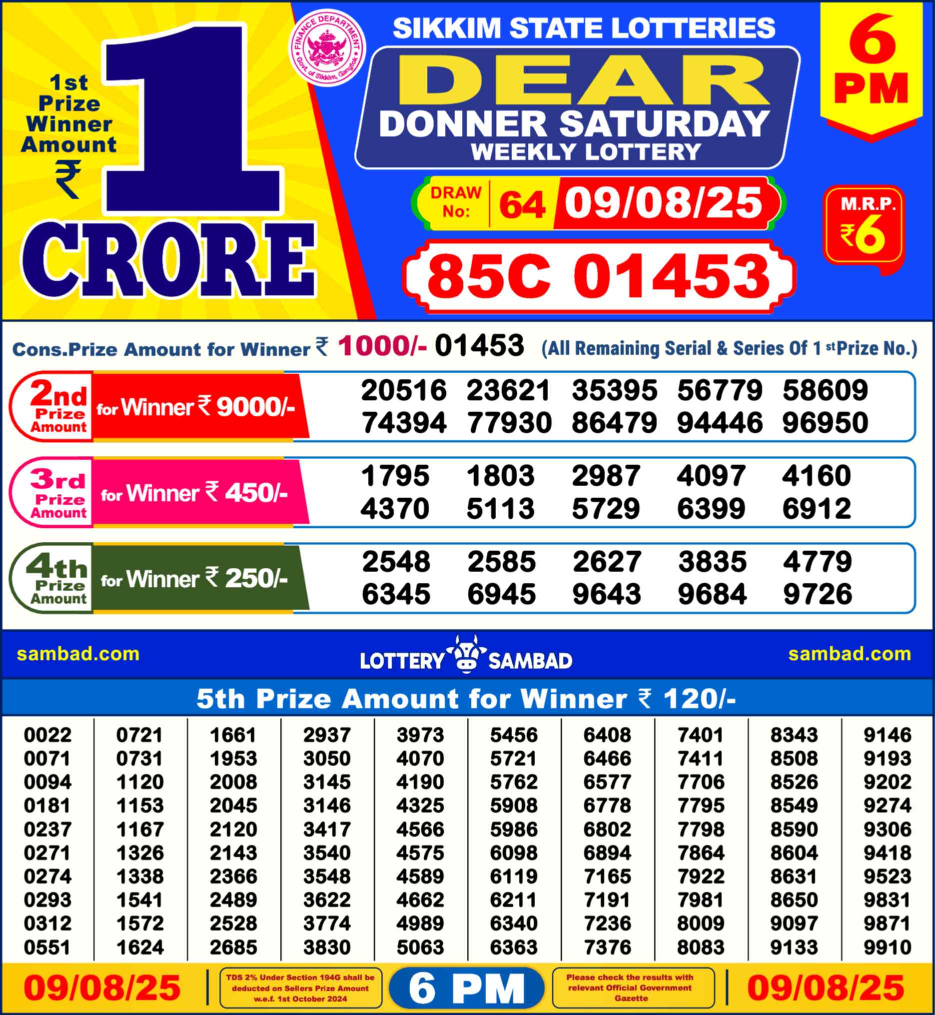 Lottery Sambad 09.08.25 Dear Lottery 6 PM August 09, 2025