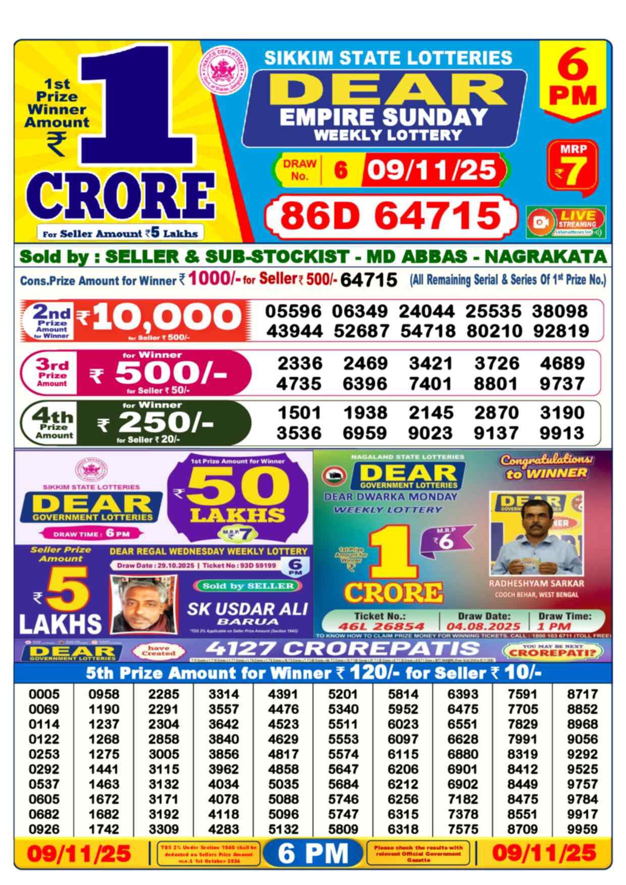 Lottery Sambad 09.11.25 Dear Lottery 6 PM November 09, 2025