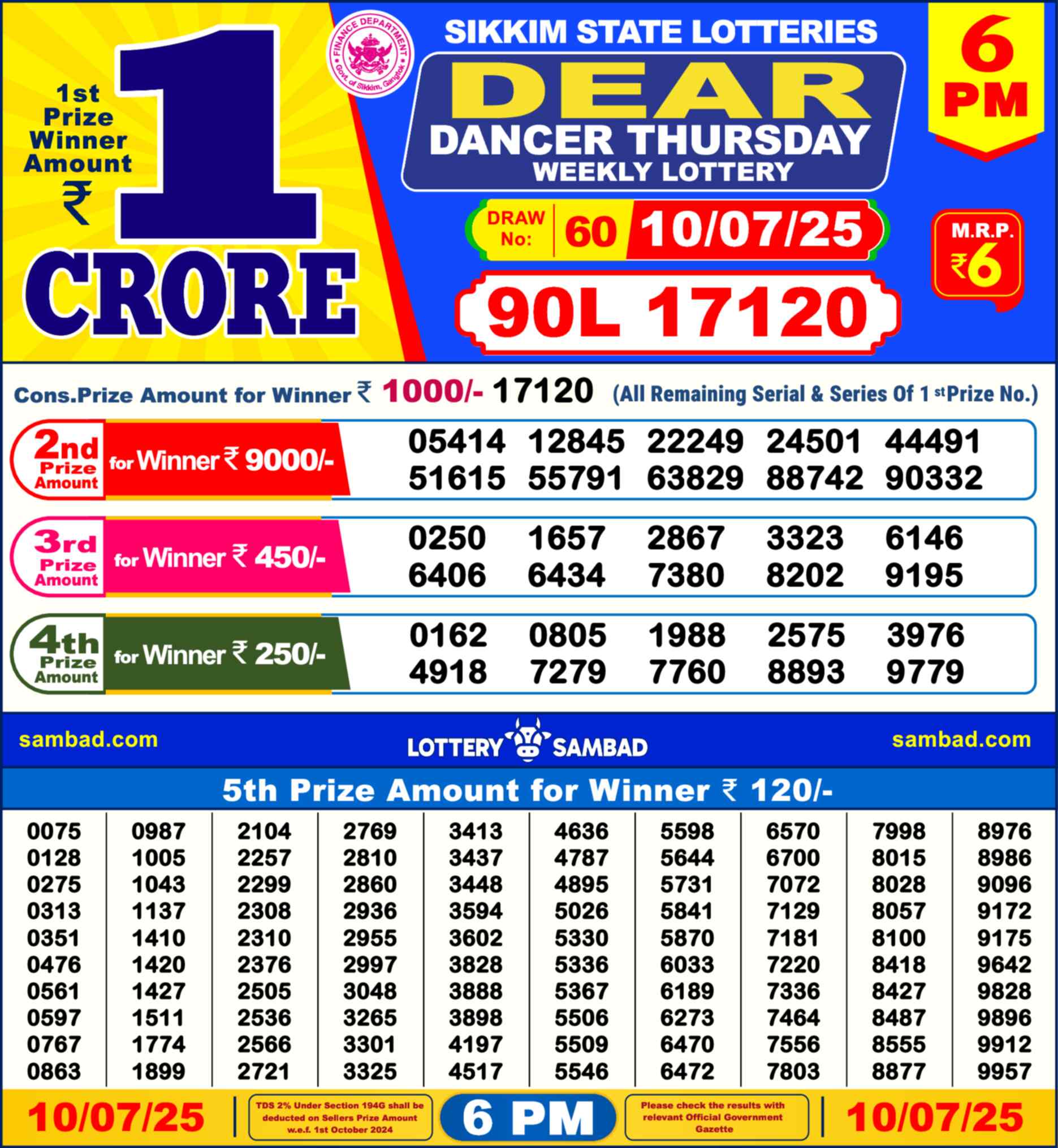 Lottery Sambad 10.07.25 Dear Lottery 6 PM July 10, 2025