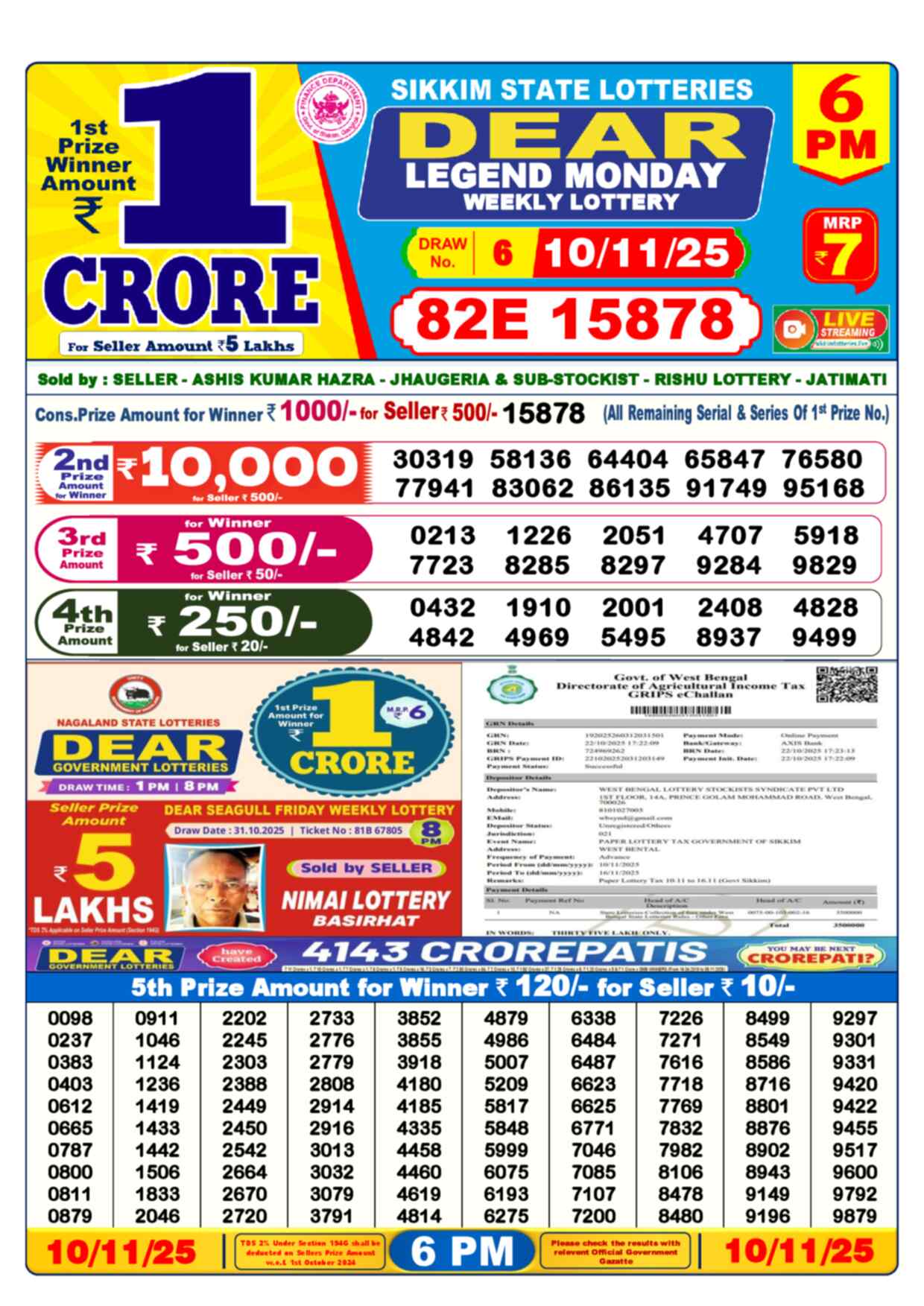 Lottery Sambad 10.11.25 Dear Lottery 6 PM November 10, 2025