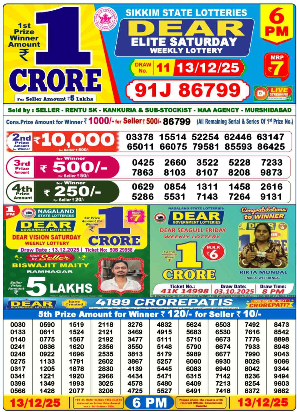 Lottery Sambad 13.12.25 Dear Lottery 6 PM December 13, 2025