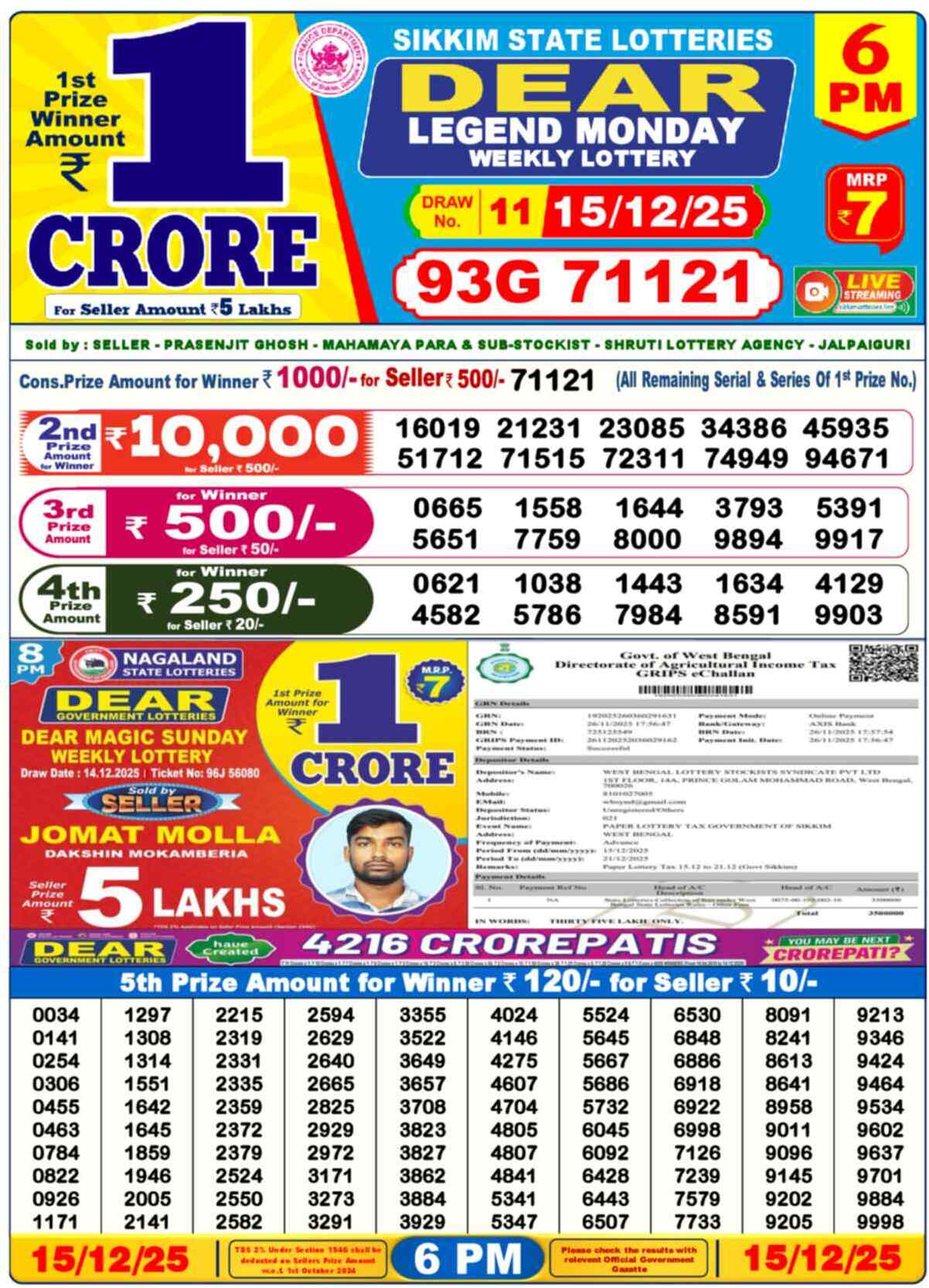 Lottery Sambad 15.12.25 Dear Lottery 6 PM December 15, 2025