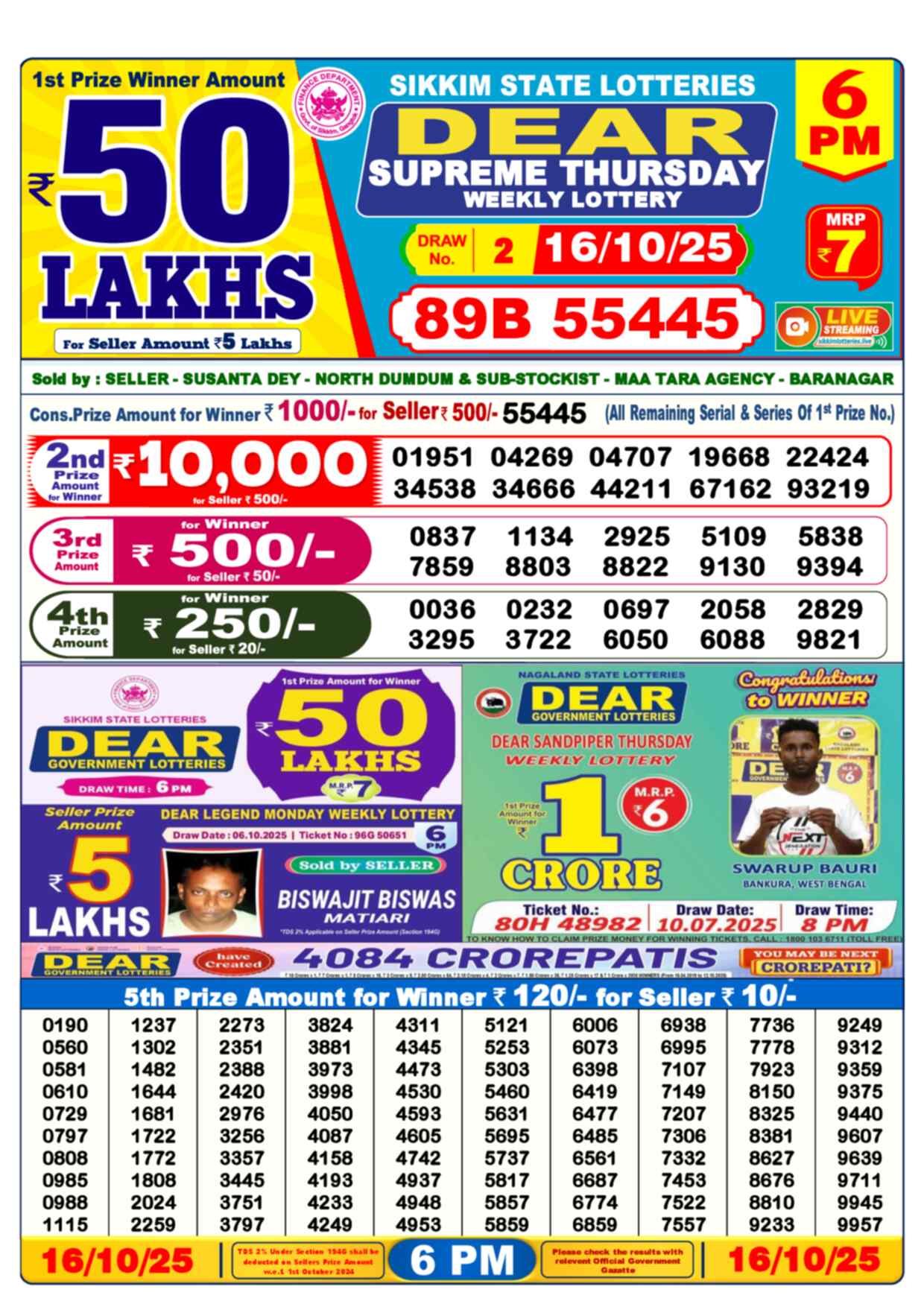 Lottery Sambad 16.10.25 Dear Lottery 6 PM October 16, 2025