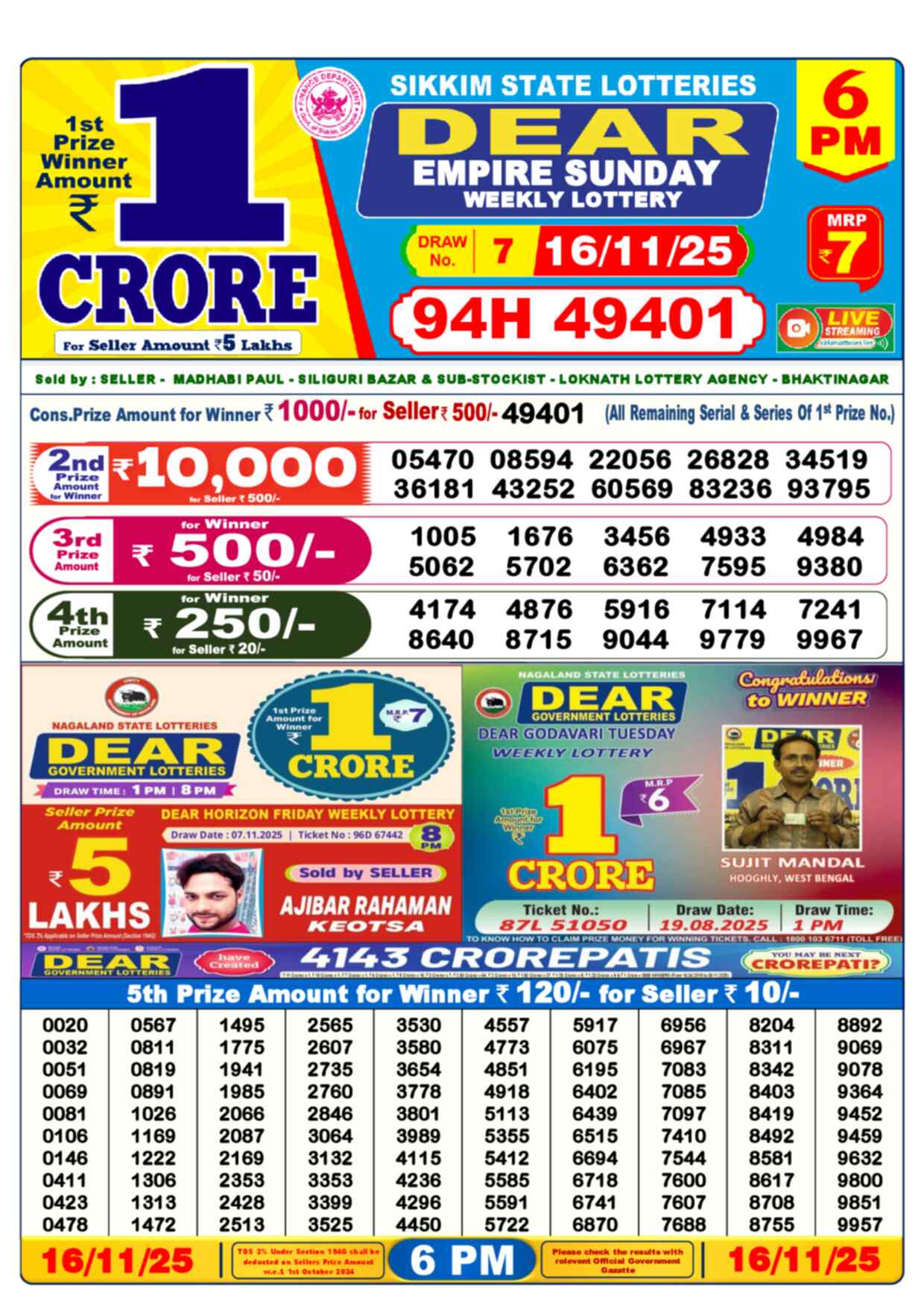 Lottery Sambad 16.11.25 Dear Lottery 6 PM November 16, 2025