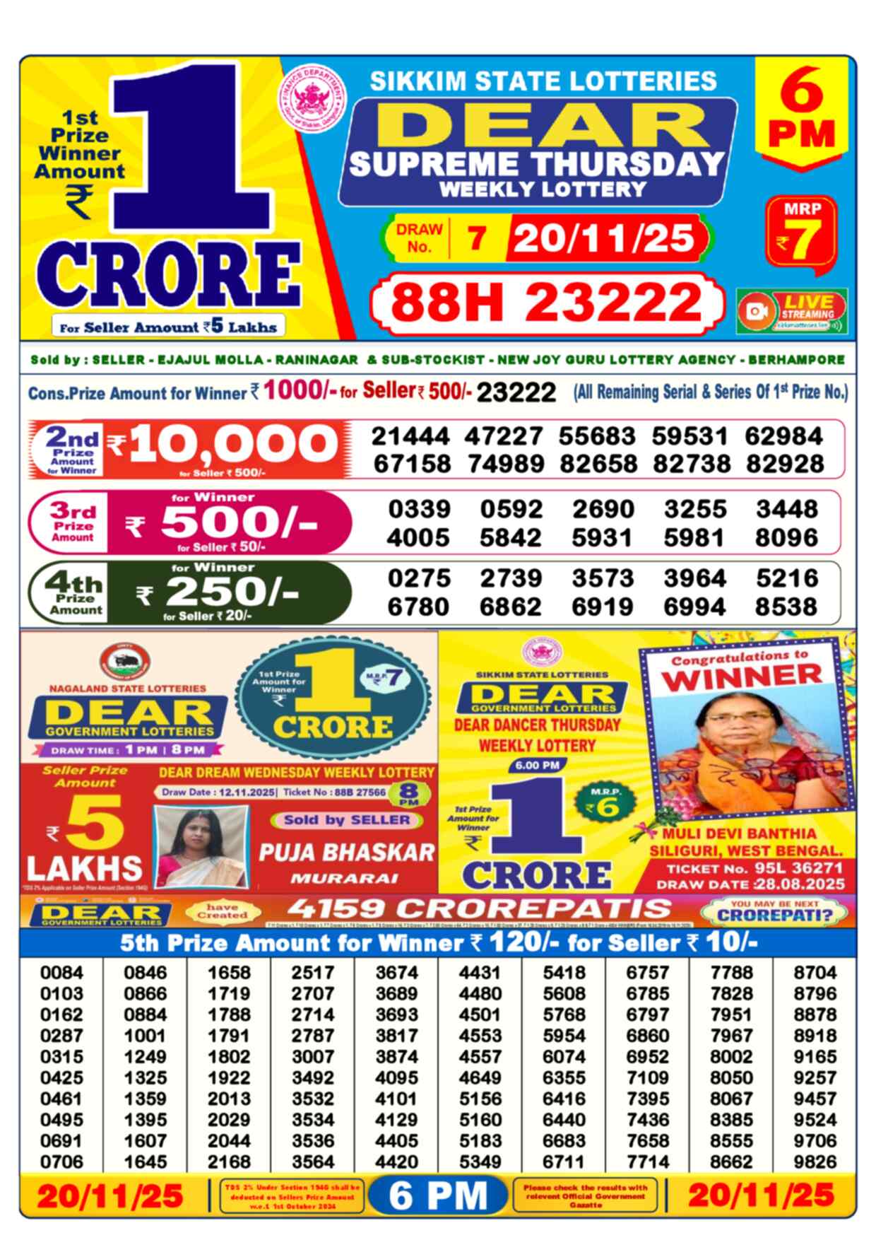 Lottery Sambad 20.11.25 Dear Lottery 6 PM November 20, 2025