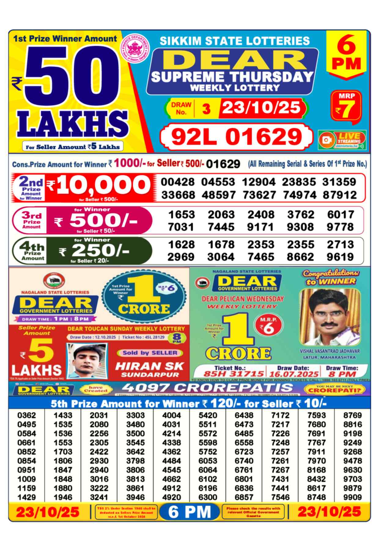 Lottery Sambad 23.10.25 Dear Lottery 6 PM October 23, 2025