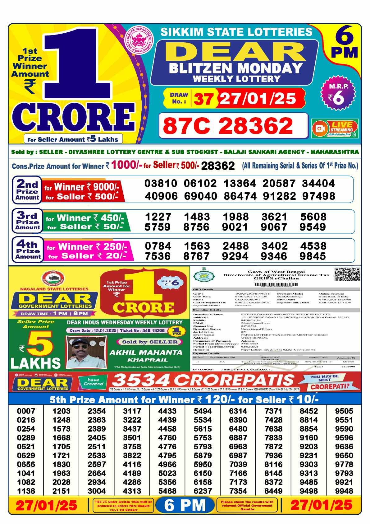 Yesterday Dear Lottery Sambad Result 6:00 PM 27 January 2025