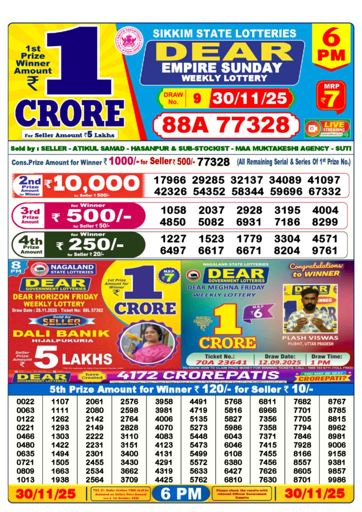 Lottery Sambad 30.11.25 Dear Lottery 6 PM November 30, 2025