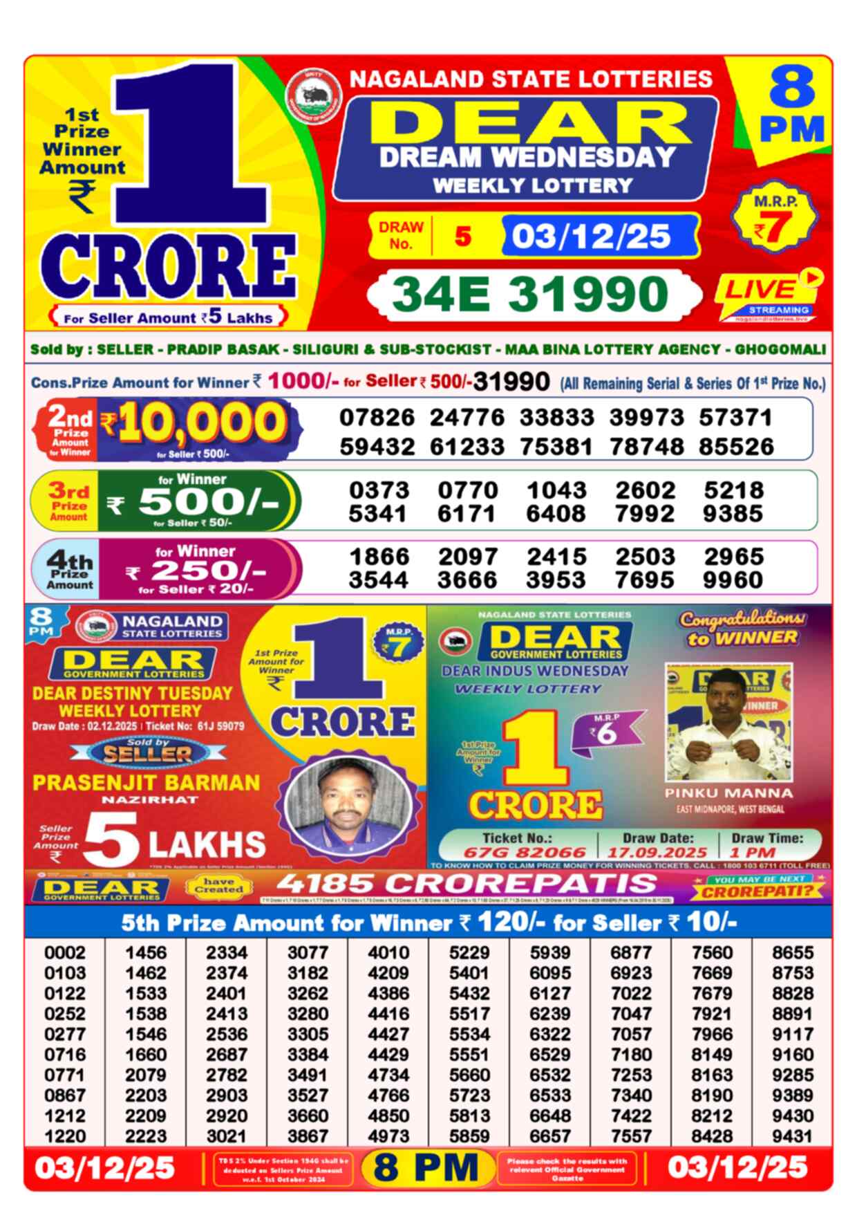 Lottery Sambad 03.12.25 Dear Lottery 8 PM December 03, 2025