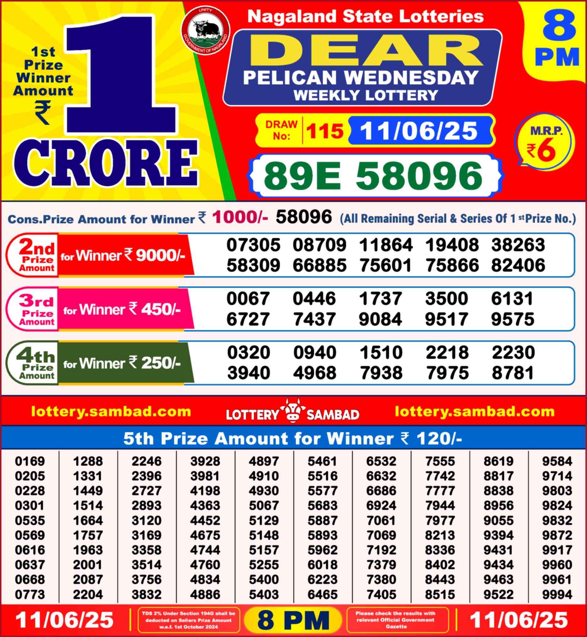 Lottery Sambad 11.06.25 Dear Lottery 8 PM June 11, 2025