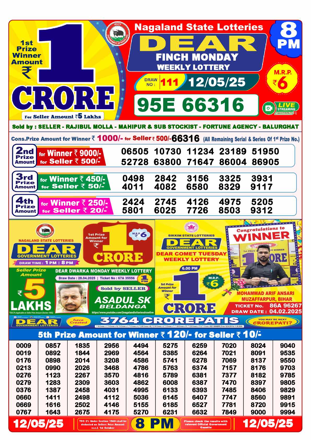Dear Lottery Result Today 8pm 12 May 2025