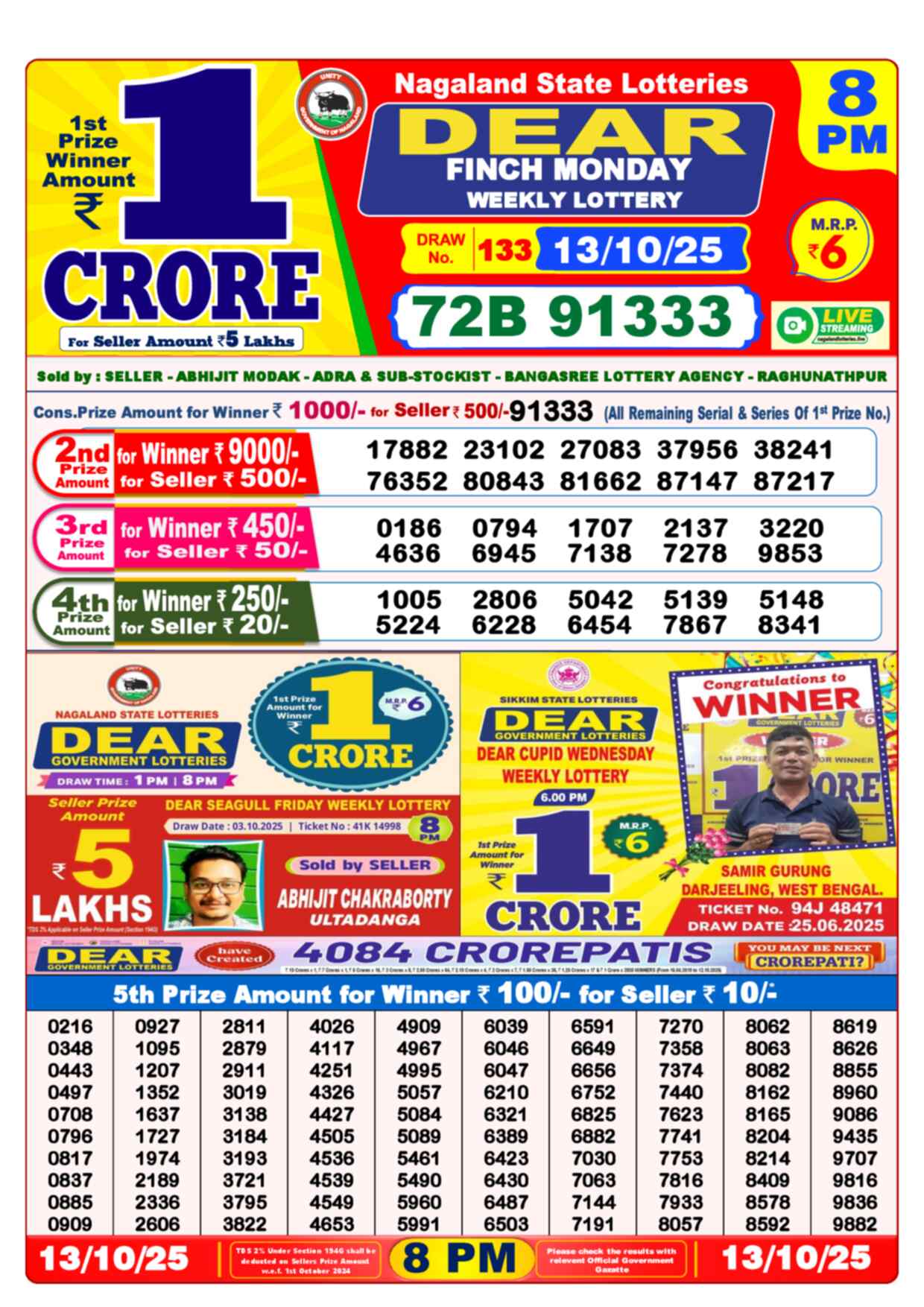 Lottery Sambad 13.10.25 Dear Lottery 8 PM October 13, 2025