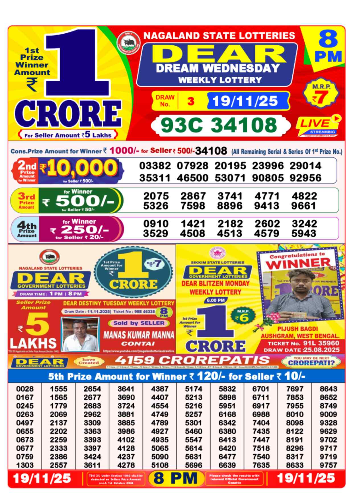 Lottery Sambad 19.11.25 Dear Lottery 8 PM November 19, 2025