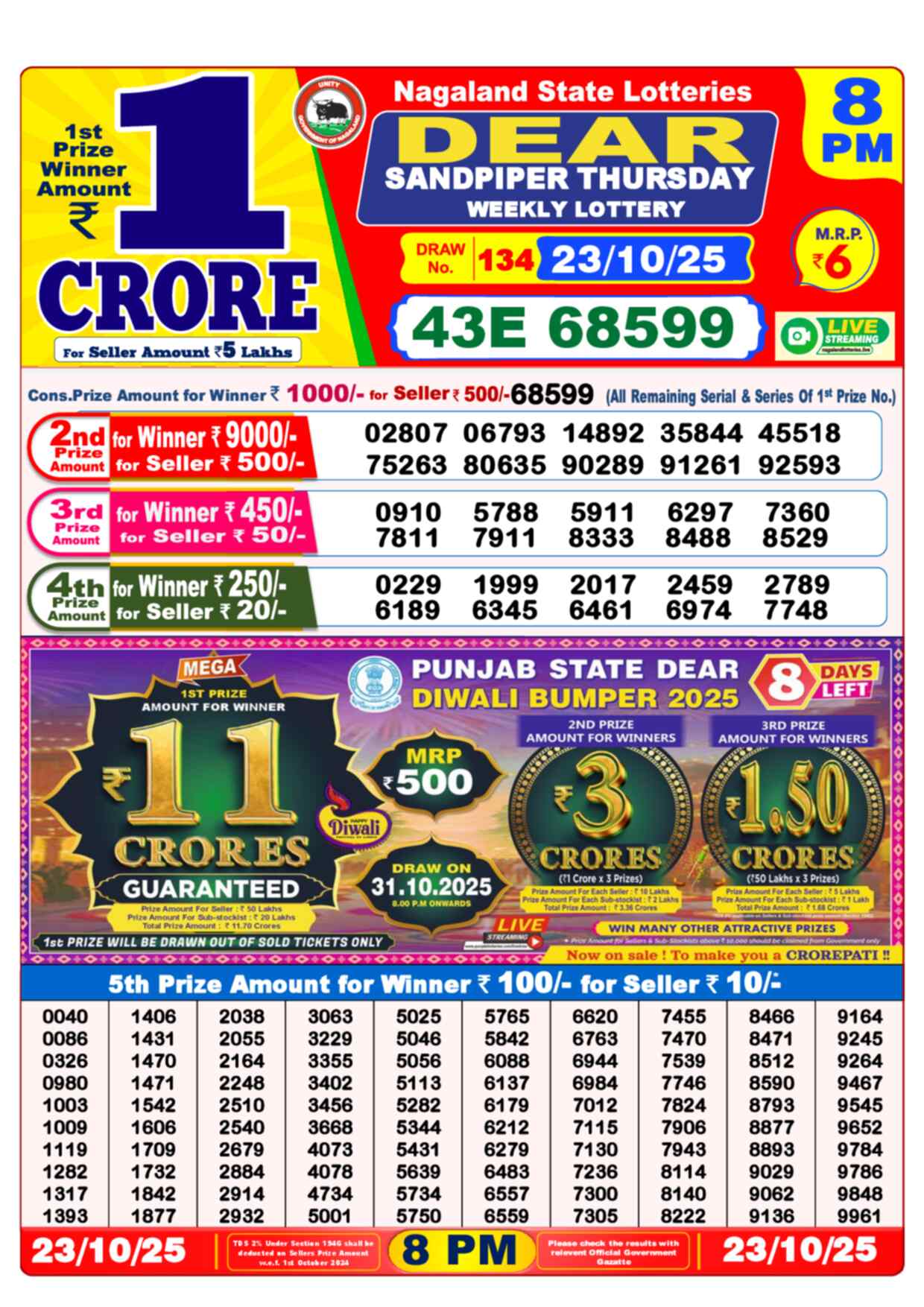 Lottery Sambad 23.10.25 Dear Lottery 8 PM October 23, 2025