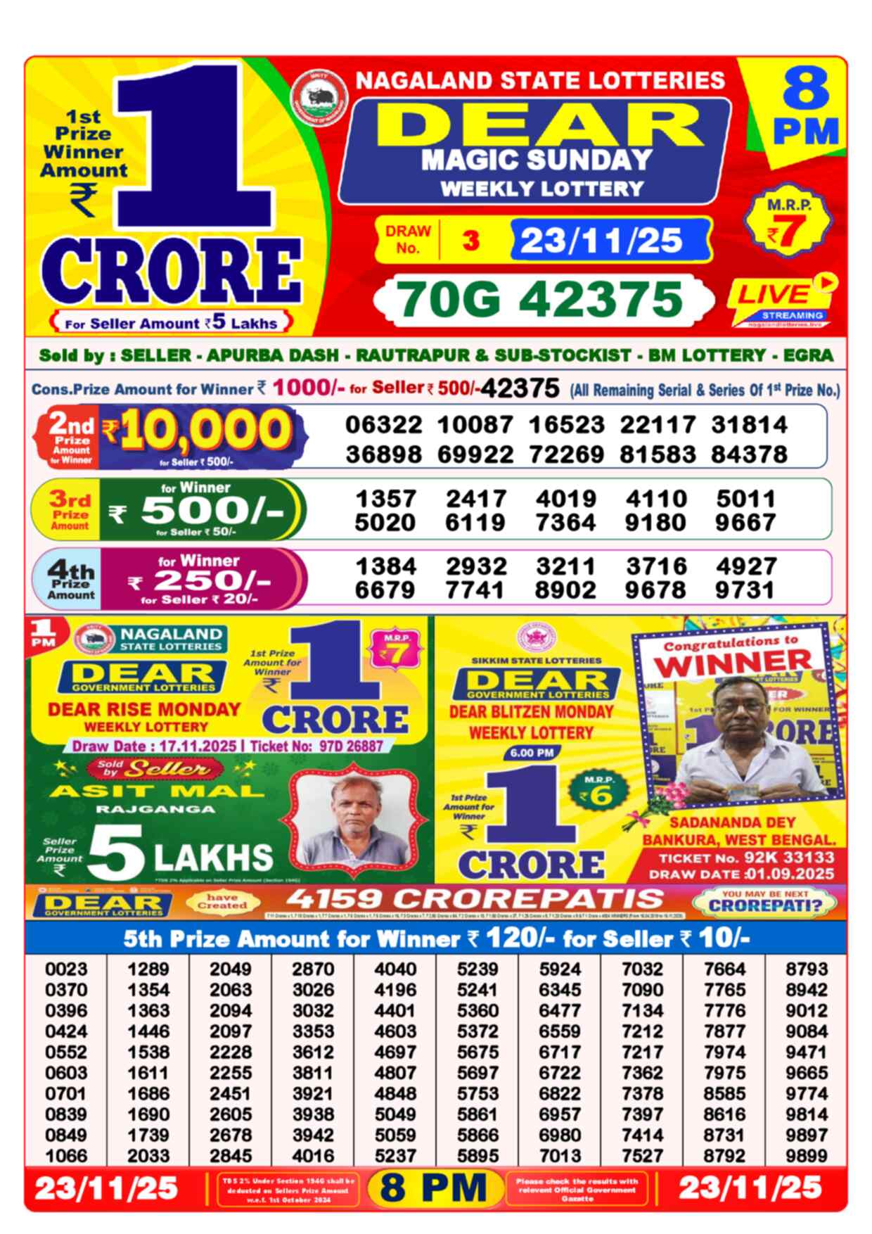 Lottery Sambad 23.11.25 Dear Lottery 8 PM November 23, 2025