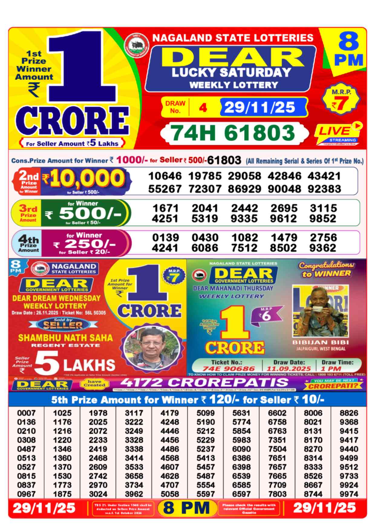 Lottery Sambad 29.11.25 Dear Lottery 8 PM November 29, 2025