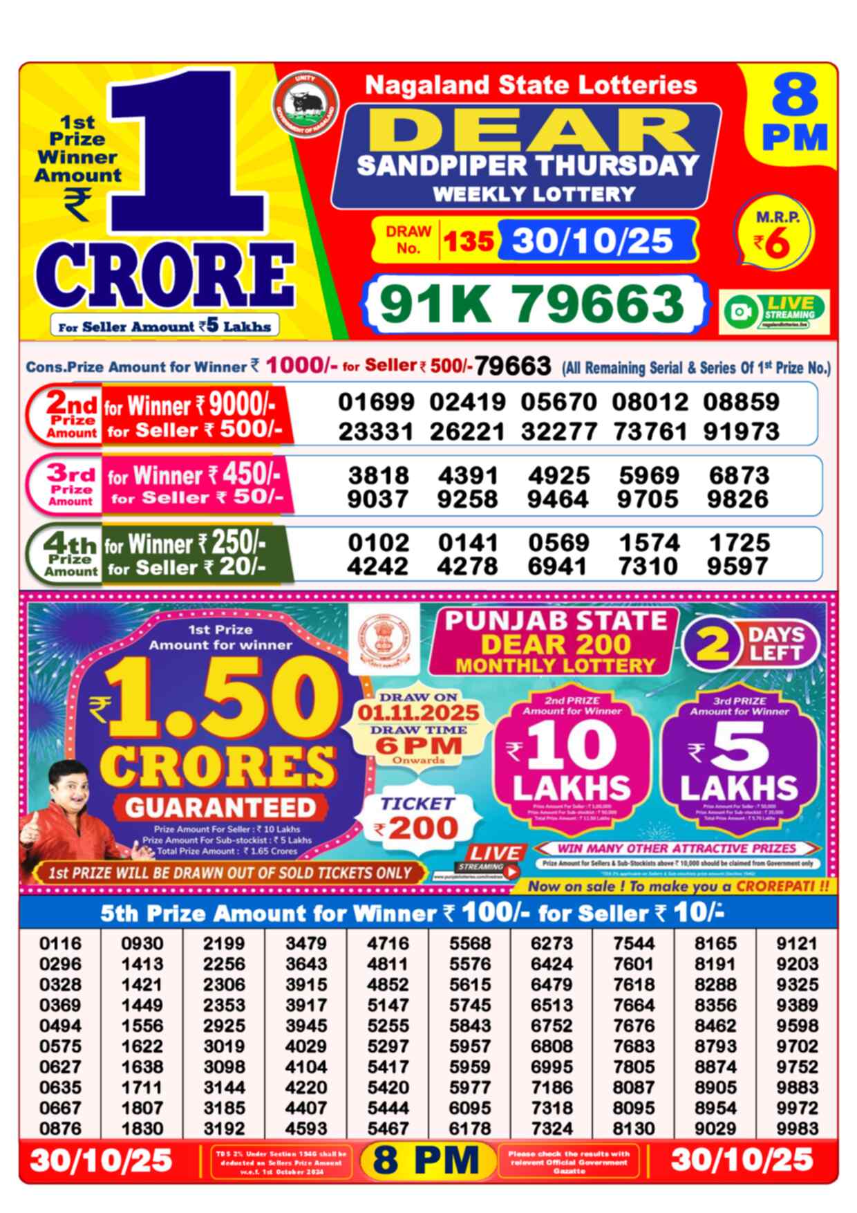 Lottery Sambad 30.10.25 Dear Lottery 8 PM October 30, 2025
