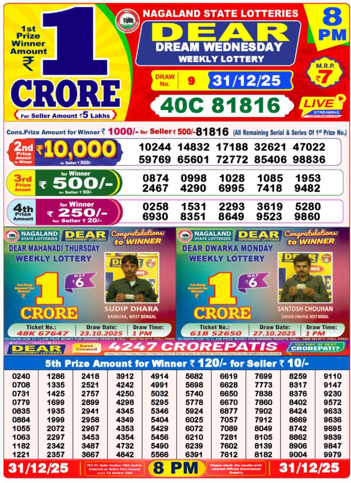 Lottery Sambad 31.12.25 Dear Lottery 8 PM December 31, 2025