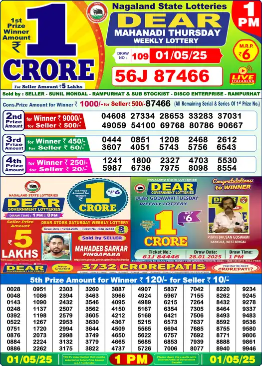 Lottery Sambad 01.05.25 Dear Lottery 1 PM May 01, 2025