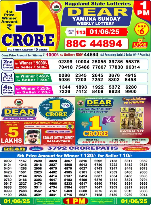 Lottery Sambad 01.06.25 Dear Lottery 1 PM June 01, 2025
