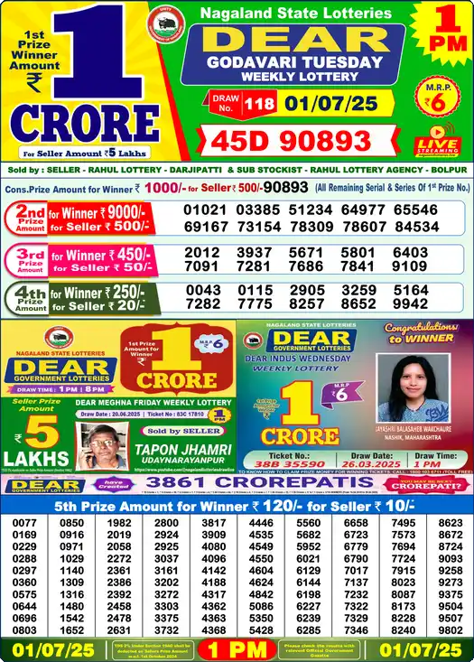 Lottery Sambad 01.07.25 Dear Lottery 1 PM July 01, 2025