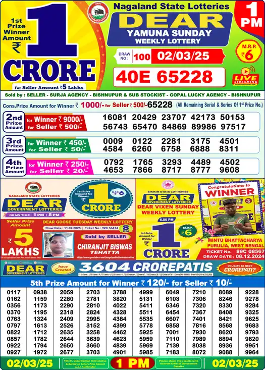 Lottery Sambad 02.03.25 Dear Lottery 1 PM March 02, 2025