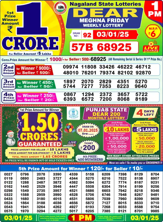 Lottery Sambad 03.01.25 Dear Lottery 1 PM January 03, 2025