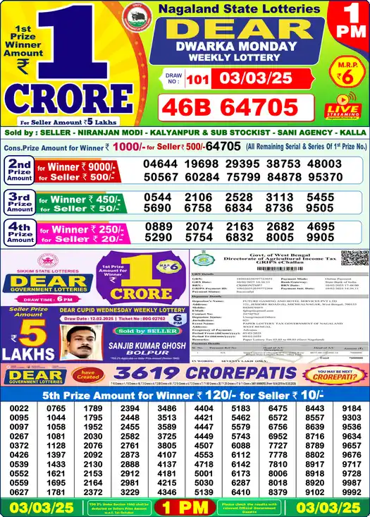 Lottery Sambad 03.03.25 Dear Lottery 1 PM March 03, 2025