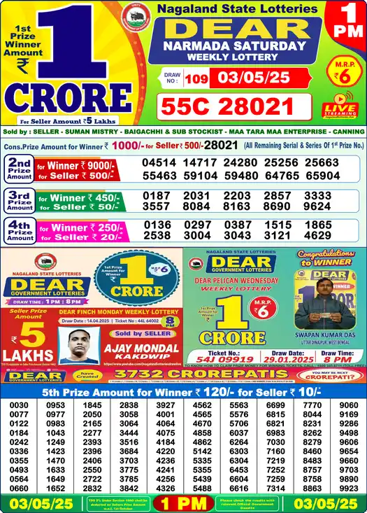 Lottery Sambad 03.05.25 Dear Lottery 1 PM May 03, 2025