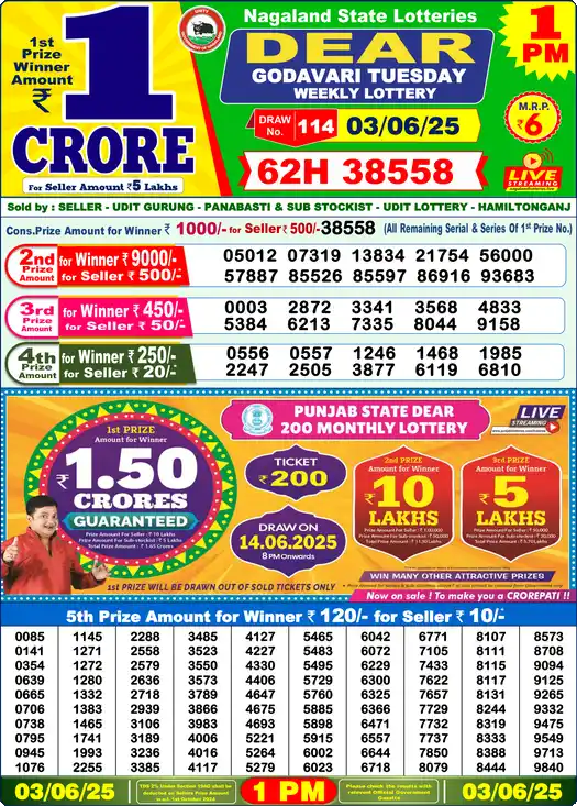 Lottery Sambad 03.06.25 Dear Lottery 1 PM June 03, 2025
