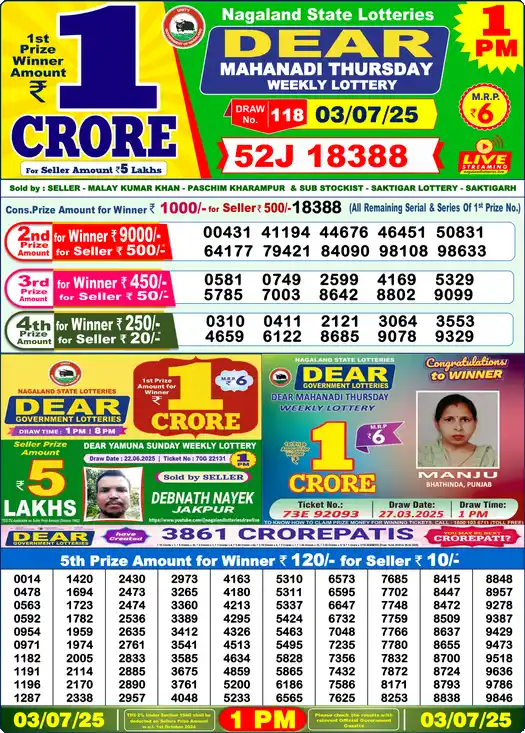 Lottery Sambad 03.07.25 Dear Lottery 1 PM July 03, 2025