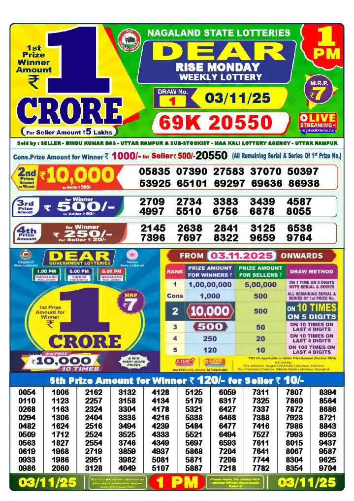 Lottery Sambad 03.11.25 Dear Lottery 1 PM November 03, 2025