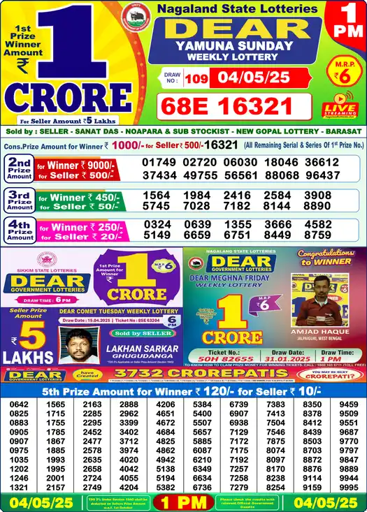 Lottery Sambad 04.05.25 Dear Lottery 1 PM May 04, 2025