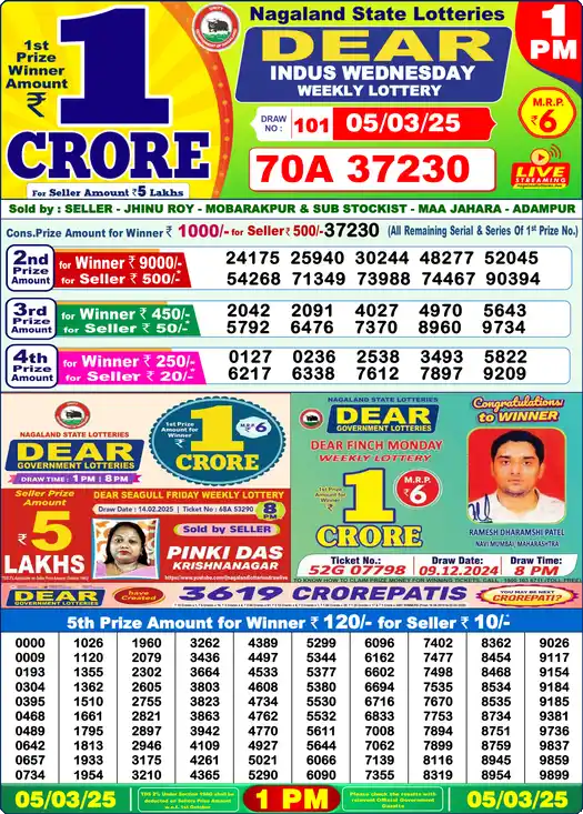 Lottery Sambad 05.03.25 Dear Lottery 1 PM March 05, 2025