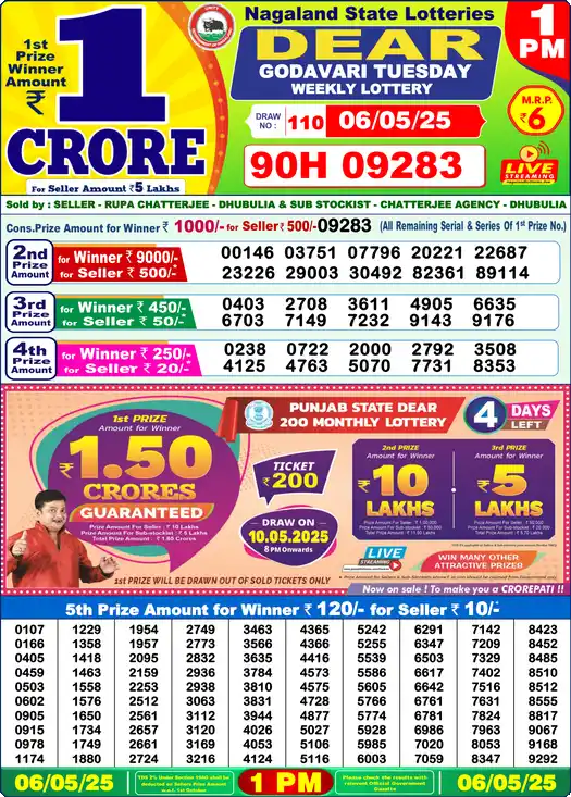 Lottery Sambad 06.05.25 Dear Lottery 1 PM May 06, 2025