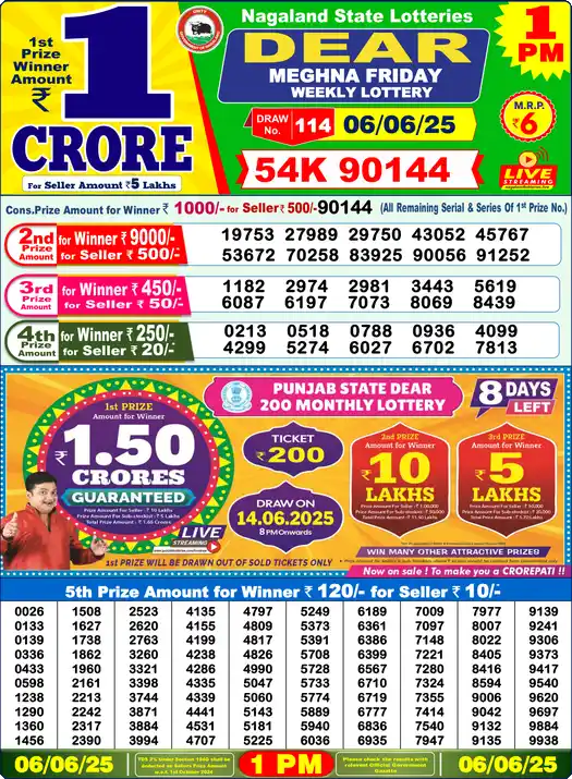 Lottery Sambad 06.06.25 Dear Lottery 1 PM June 06, 2025