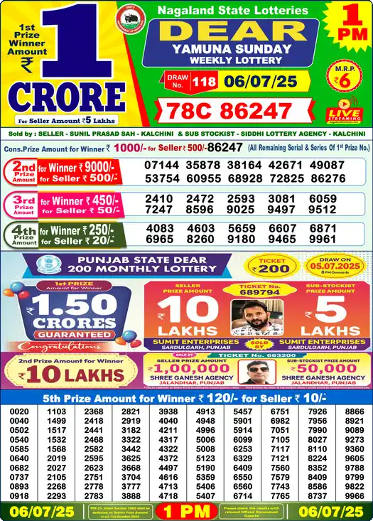 Lottery Sambad 06.07.25 Dear Lottery 1 PM July 06, 2025