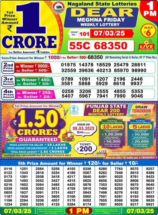 Lottery Sambad 07.03.25 Dear Lottery 1 PM March 07, 2025