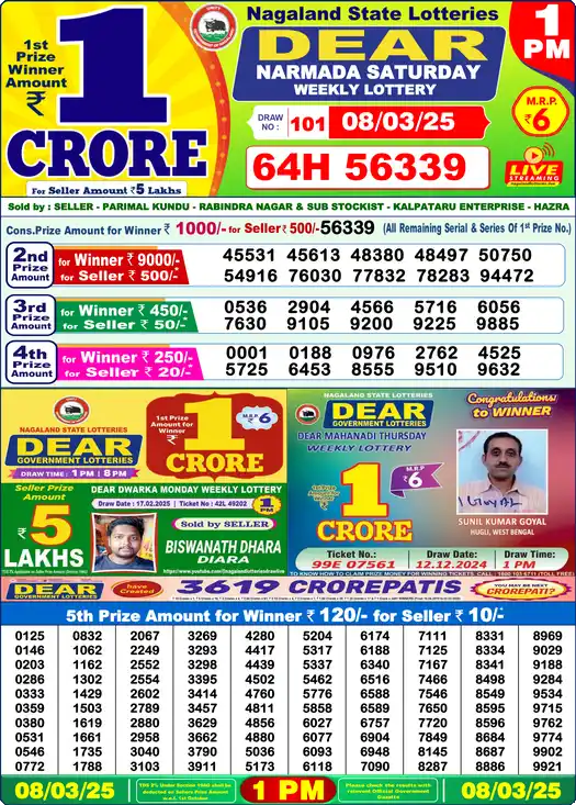 Lottery Sambad 08.03.25 Dear Lottery 1 PM March 08, 2025