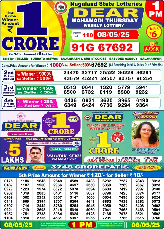 Lottery Sambad 08.05.25 Dear Lottery 1 PM May 08, 2025