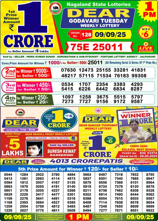 Lottery Sambad 09.09.25 Dear Lottery 1 PM September 09, 2025