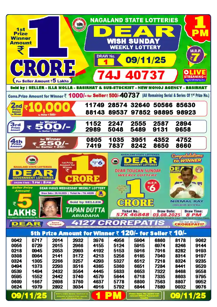 Lottery Sambad 09.11.25 Dear Lottery 1 PM November 09, 2025