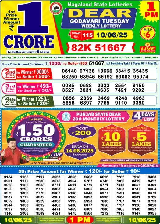 Lottery Sambad 10.06.25 Dear Lottery 1 PM June 10, 2025