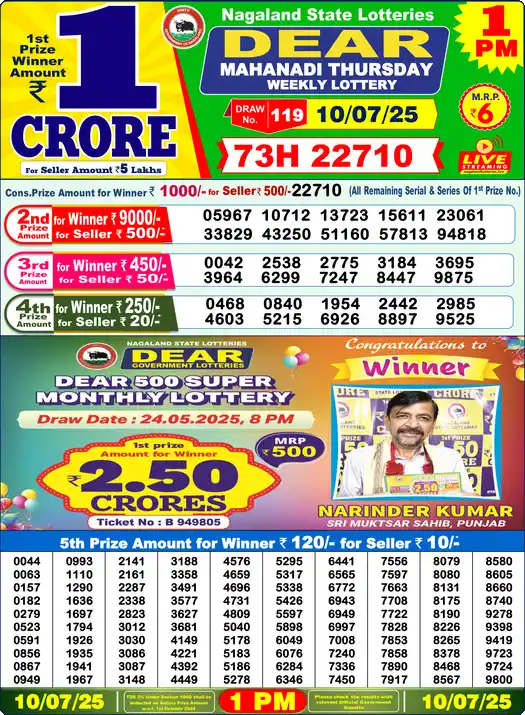 Lottery Sambad 10.07.25 Dear Lottery 1 PM July 10, 2025