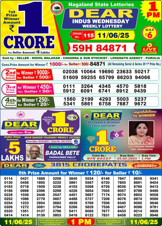 Lottery Sambad 11.06.25 Dear Lottery 1 PM June 11, 2025