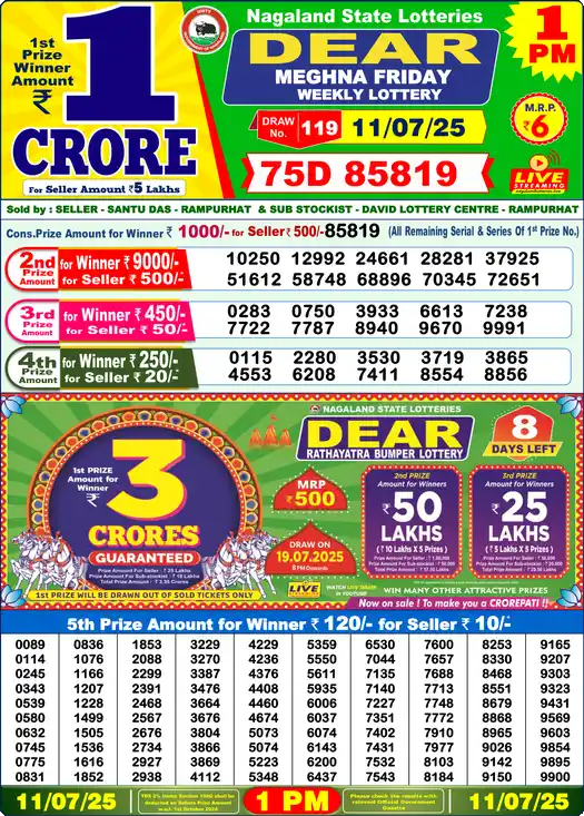 Lottery Sambad 11.07.25 Dear Lottery 1 PM July 11, 2025