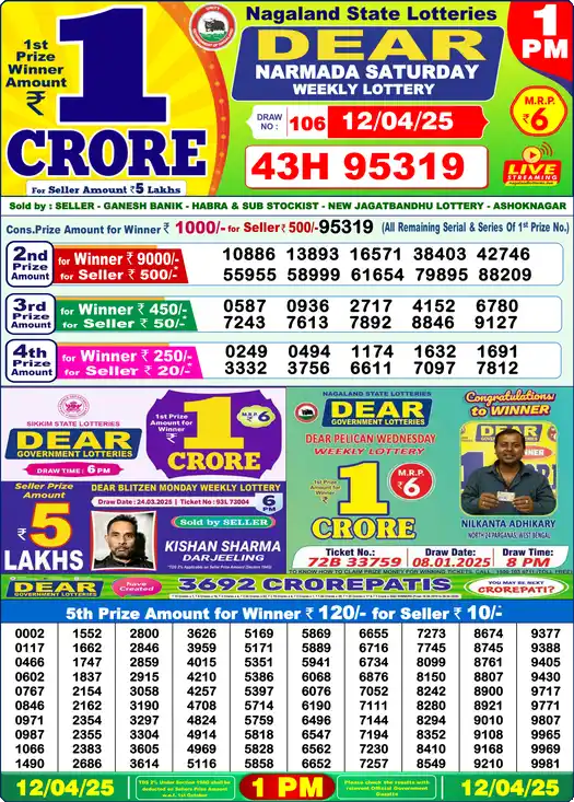 Lottery Sambad 12.04.25 Dear Lottery 1 PM April 12, 2025